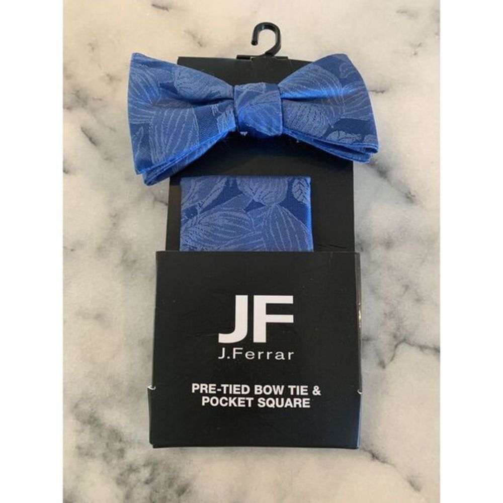JF J Ferrar Pretied Bow Tie Bowtie Pocket Square Blue Leaves Adjustable MSRP $40